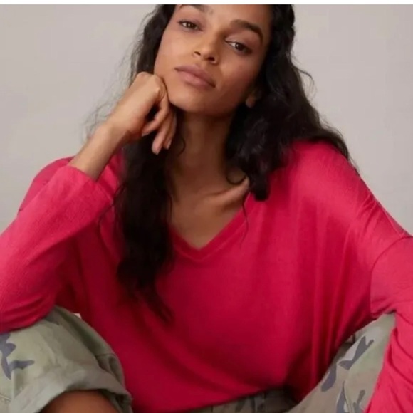 Anthropologie Pink ribbed Long Sleeve V-Neck Top - Picture 5 of 5